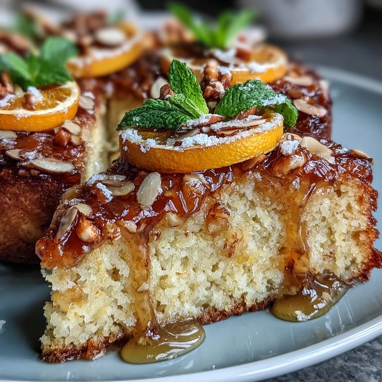 Fragrant Mediterranean-style almond cake with candied oranges, offering a naturally gluten-free dessert with vibrant citrus notes.