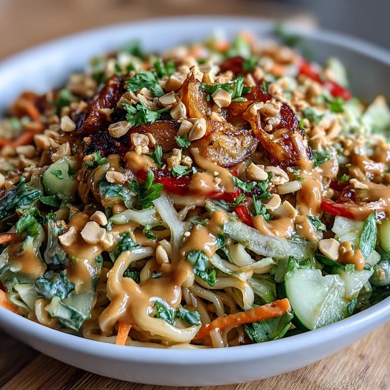 Fresh Asian-inspired spring roll bowl with crunchy vegetables, tender tofu, and luscious peanut sauce drizzle.