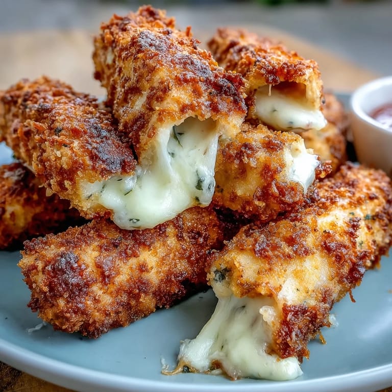 Lightly breaded mozzarella sticks air-fried until crispy, served alongside a rich and aromatic homemade marinara dip.