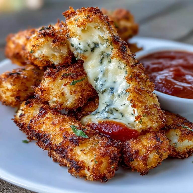 Crunchy, cheesy mozzarella sticks with a golden breadcrumb crust, paired with a warm, flavorful marinara dipping sauce.  