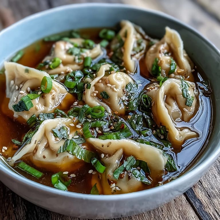 Fragrant Asian-inspired dumpling soup featuring juicy chicken-filled dumplings, rich broth, and vibrant green scallions for a comforting meal.