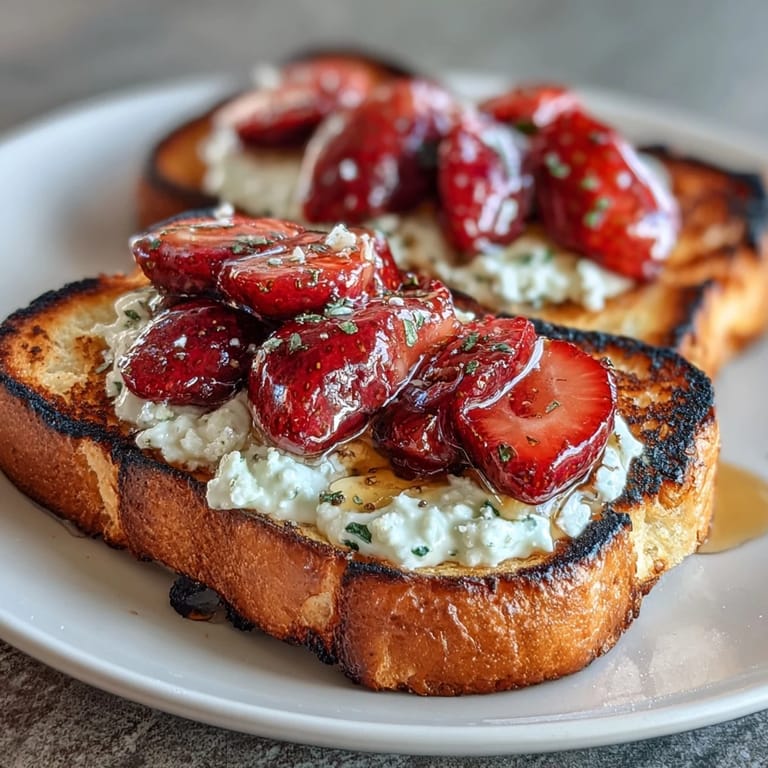Creamy ricotta spread on golden sourdough toast, layered with juicy strawberries and a hint of lemon zest for brightness.  