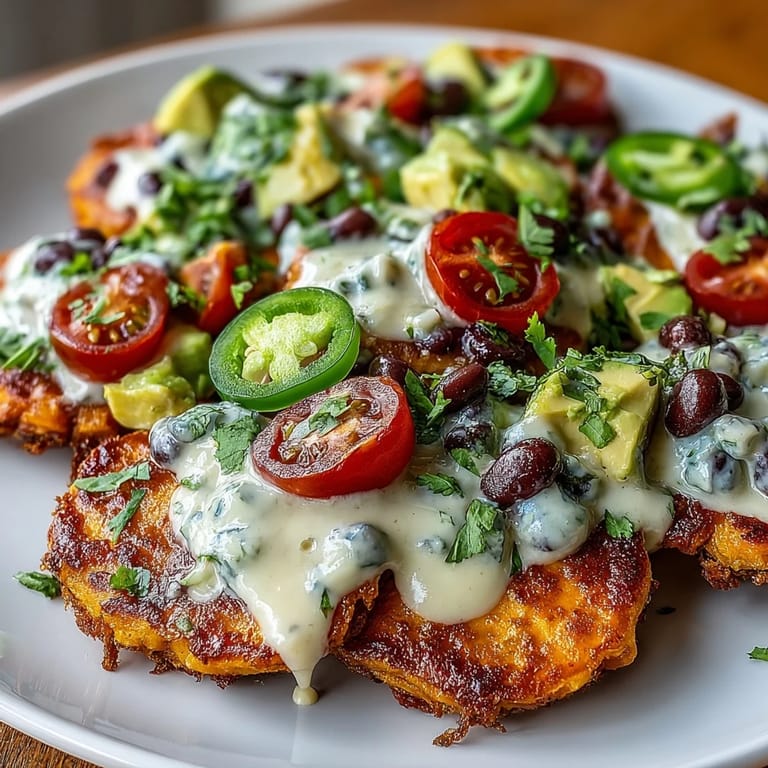Crispy baked sweet potato slices layered with hearty black beans, drizzled with dairy-free cashew queso, and finished with colorful fresh toppings.  