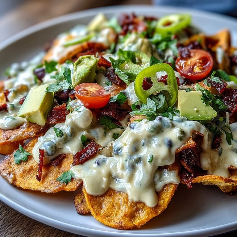 Golden sweet potato rounds baked to perfection, loaded with spiced black beans, luscious cashew queso, and a medley of fresh vegetables for a Tex-Mex vegan feast.