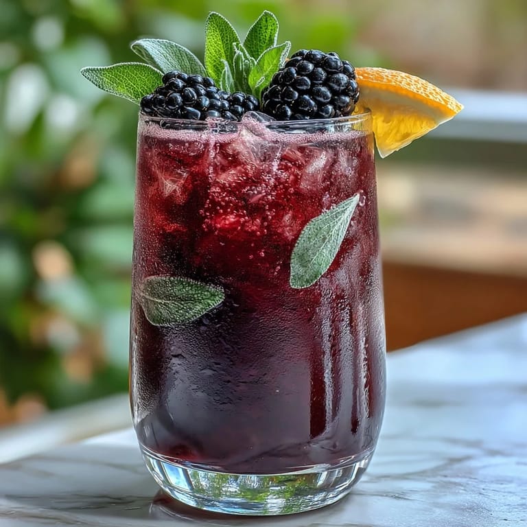 Bright Blackberry Sage Mocktail served over crushed ice, blending fresh berries, fragrant herbs, and zesty lemon for a cool, crisp sip.