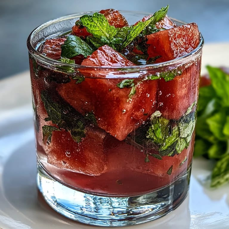 Cold pitcher of watermelon mint infused water featuring vibrant red melon chunks and green mint leaves, served over ice for a cooling drink.  