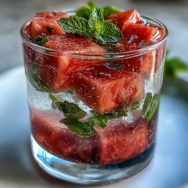 Hydrating watermelon mint infused water with bright watermelon cubes and fragrant mint leaves, perfect for summer brunch or outdoor gatherings.