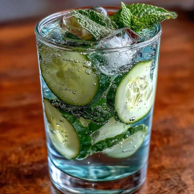 Crisp cucumber mint sparkling water refresher served over ice with lime garnish in a clear pitcher.