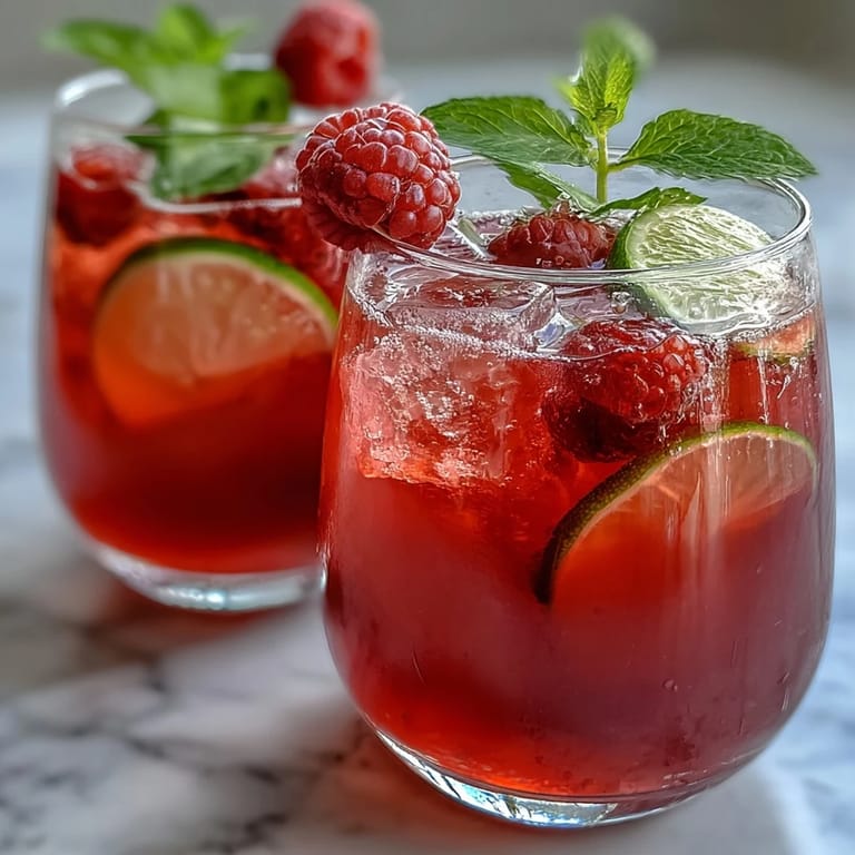 Chilled Raspberry Lime Spritz with crushed raspberries, lime wedges, and a splash of prosecco—perfect for Galentine's Day celebrations.