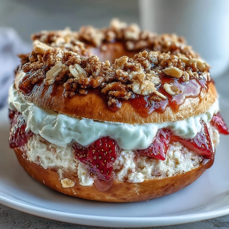 High-protein strawberry bagels topped with a sweet crumble, perfect for a healthy breakfast or post-workout snack.  