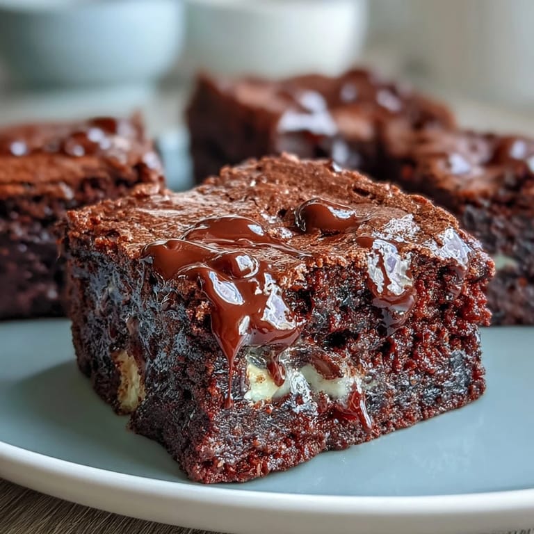 Dark chocolate sourdough brownies with espresso, milk chocolate chunks, and white chocolate drizzle.