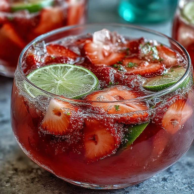 This sparkling strawberry daiquiri punch bowl combines fresh fruit, rum, and soda for an easy, crowd-pleasing party beverage.