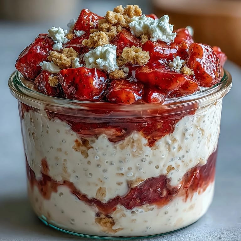 Chilled overnight oats layered with cottage cheese, strawberries, and graham cracker crumbs for a cheesecake-inspired morning treat.
