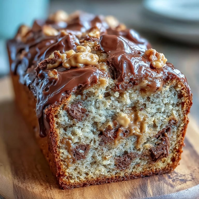 Moist banana bread studded with rich peanut butter cups and melty chocolate chips, perfect for dessert or an indulgent snack.