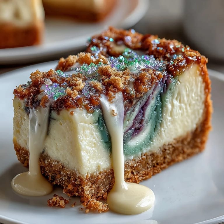 Festive cheesecake bars featuring bold Mardi Gras hues and creamy texture, drizzled with vanilla icing and sparkling sanding sugar.