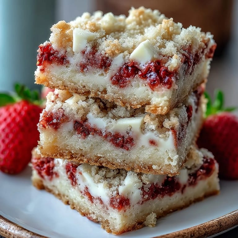 Buttery dessert bars loaded with juicy strawberries and creamy white chocolate, perfect for spring picnics.  