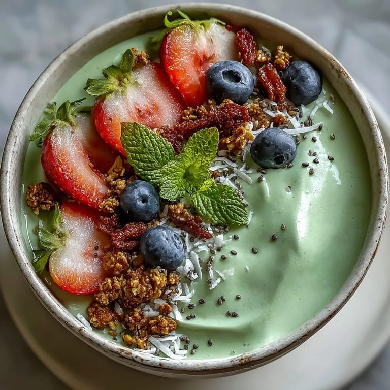 Vibrant green yogurt matcha latte smoothie bowl garnished with fresh strawberries, blueberries, and crunchy toppings