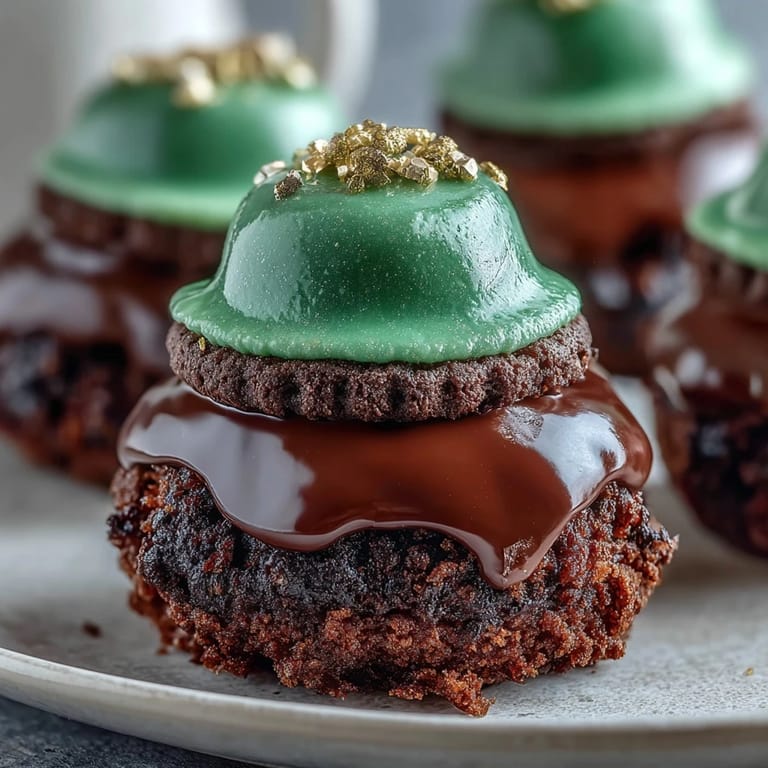Rich, fudgy brownie bites topped with festive chocolate hats and gold sprinkle buckles, perfect for holiday celebrations.  