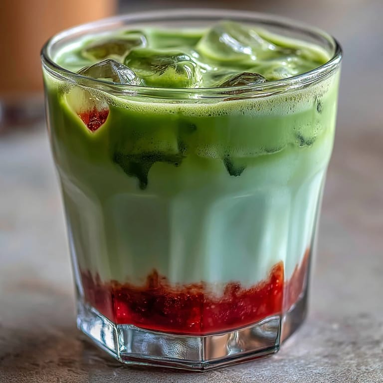 Vibrant Dairy-Free Strawberry Matcha Latte - This refreshing layered beverage features sweet strawberry compote, frothy matcha, and creamy oat milk for a vegan treat.