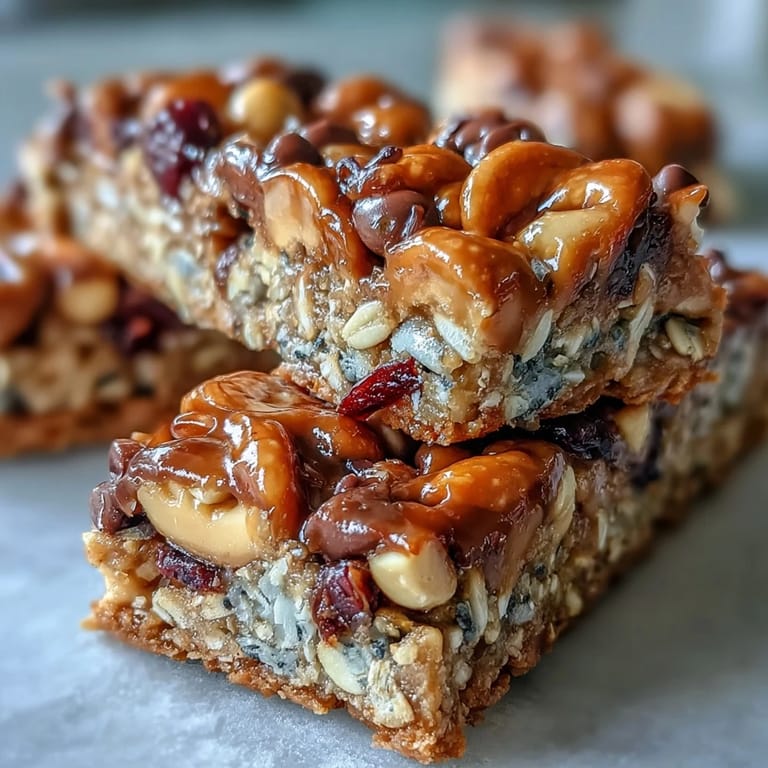 Golden-baked trail mix bars with oats, honey, and dried fruit, offering a wholesome and delicious treat anytime.