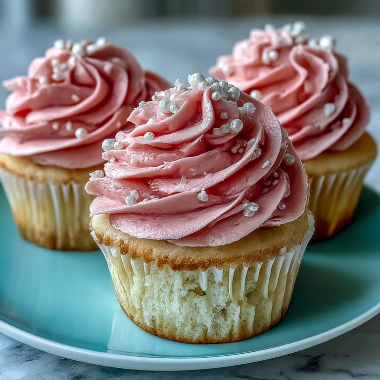 Elegant vanilla cupcakes with soft pink frosting, perfect for bridal showers or spring celebrations.