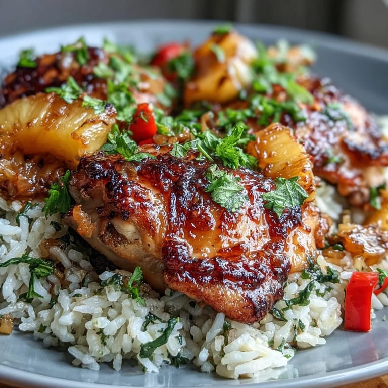 Tropical baked chicken and rice casserole with vibrant bell peppers and fresh cilantro for a colorful, flavorful dinner.  