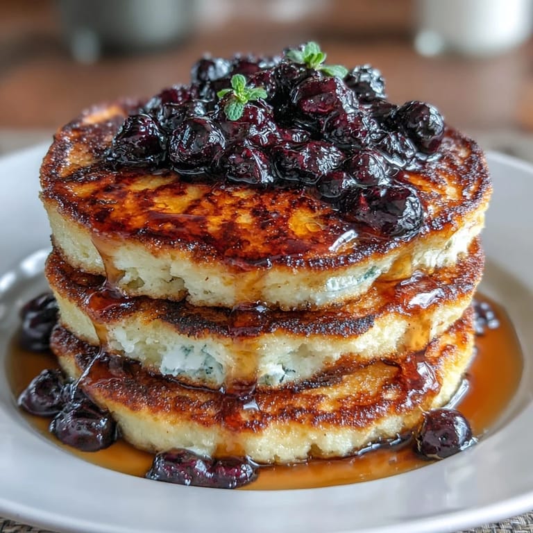 Wholesome breakfast of protein-packed cottage cheese pancakes topped with fresh blueberries, perfect for a nutritious start or post-workout meal.