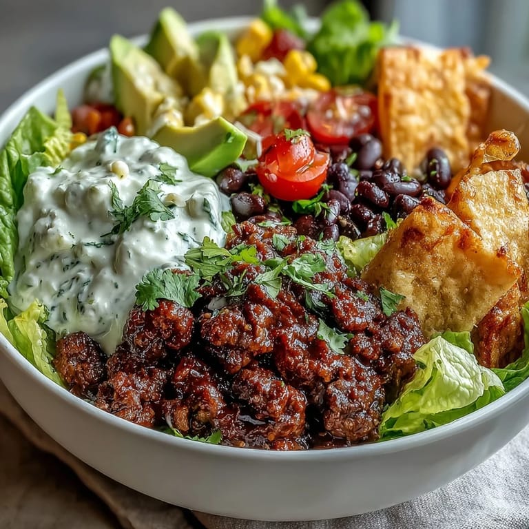 Wholesome taco salad featuring seasoned ground turkey, crunchy vegetables, and tangy Greek yogurt ranch dressing, garnished with baked tortilla chips.