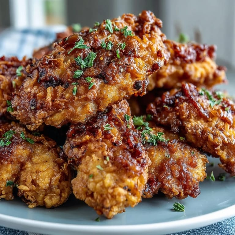 Golden fried chicken with a crunchy coating alongside flaky honey butter biscuits, served with a drizzle of warm honey for a Southern feast.