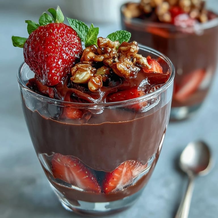 Rich dark chocolate cups with juicy strawberries and a buttery pistachio topping, inspired by Middle Eastern flavors and ideal for special occasions.