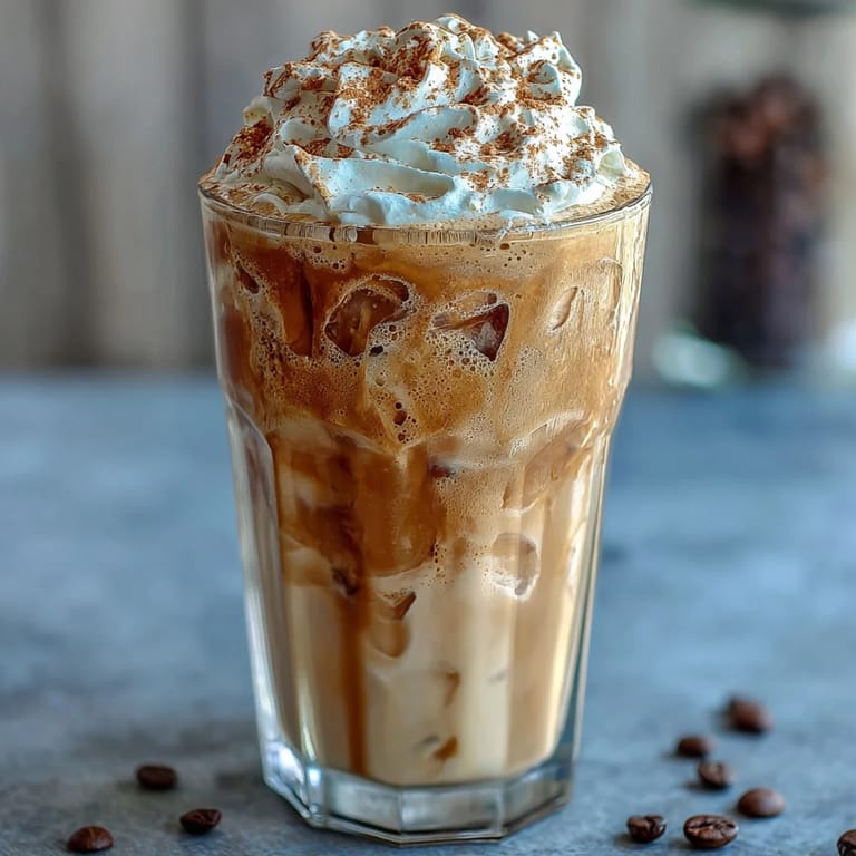 Frosty vanilla bean frappuccino protein shake blended with ice, protein powder, and almond milk, topped with a swirl of whipped cream.  