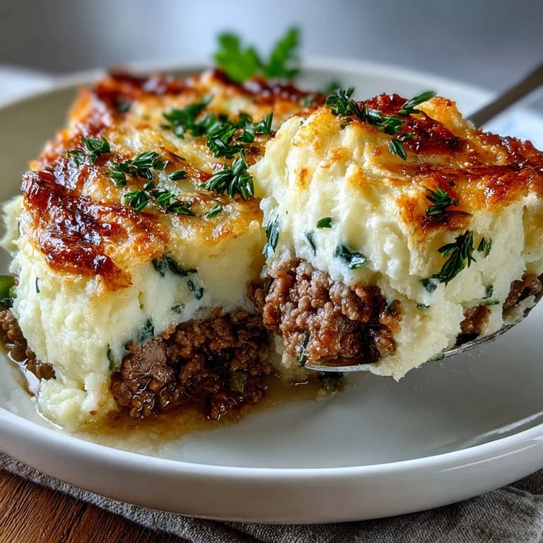 A close-up view of the baked shepherd's pie with a textured cauliflower mash topping and steam rising from the savory lamb filling.
