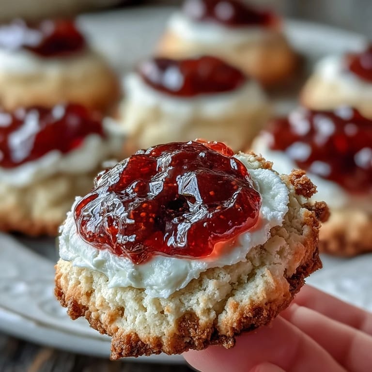 Soft, buttery clotted cream sugar cookies topped with glossy strawberry jam, ideal for a delightful dessert or snack.