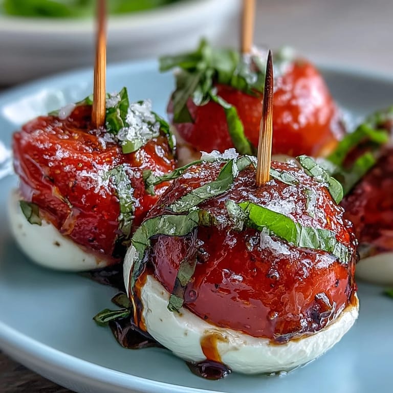 Sweet strawberries and mozzarella balls on skewers with basil leaves, finished with tangy balsamic glaze.