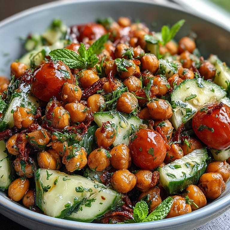 Healthy Easy Cucumber Chickpea Salad with Lemon Vinaigrette - A colorful, herb-packed salad featuring crisp cucumbers, hearty chickpeas, and a refreshing lemon dressing, ideal for meal prep or picnics.