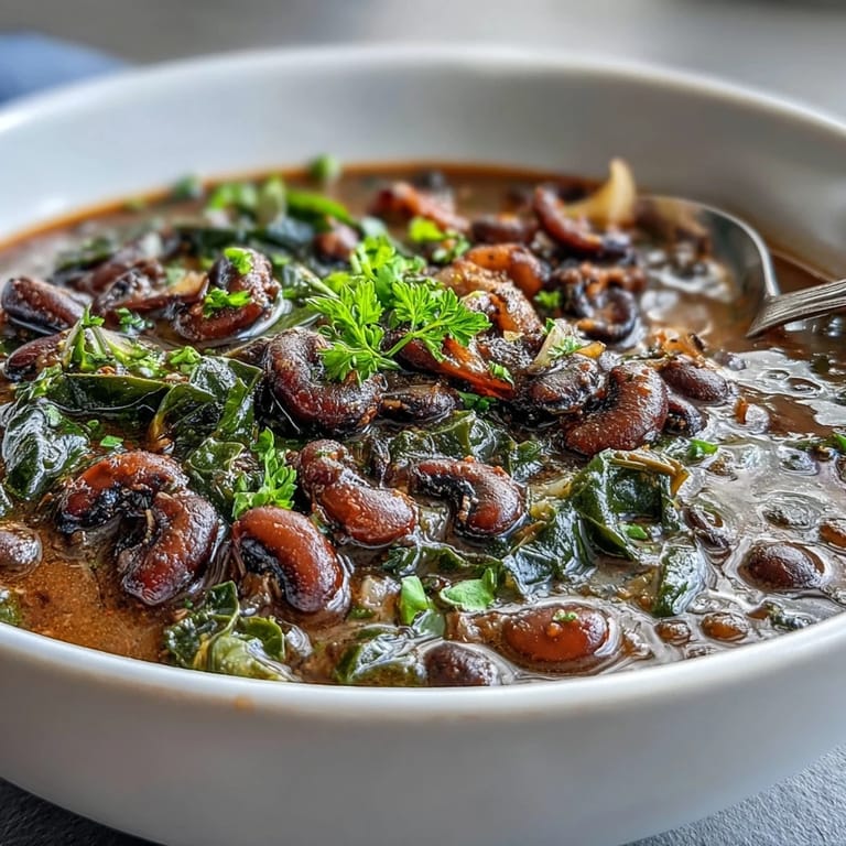 Close-up of steaming black-eyed pea and collard green stew, showcasing vibrant greens and hearty legumes.