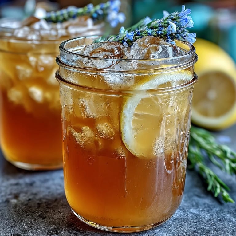Floral lavender honey lemonade in a glass pitcher, garnished with lemon wheels and mint leaves, ideal for garden parties or picnics.