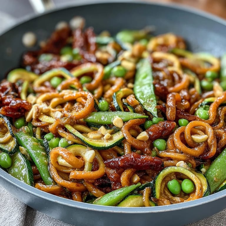 Colorful spiralized zucchini noodles and crisp vegetables tossed in a creamy, tangy peanut sauce, perfect for a quick and nutritious meal.