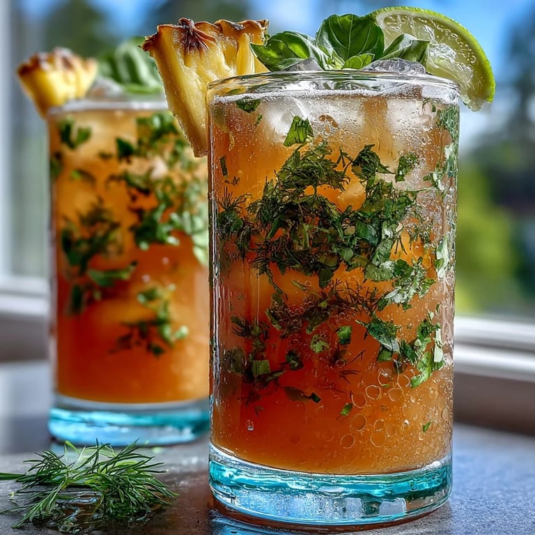 Bright and fruity Pineapple Basil Agua Fresca, with a hint of lime, served chilled in a clear pitcher with fresh herbs.