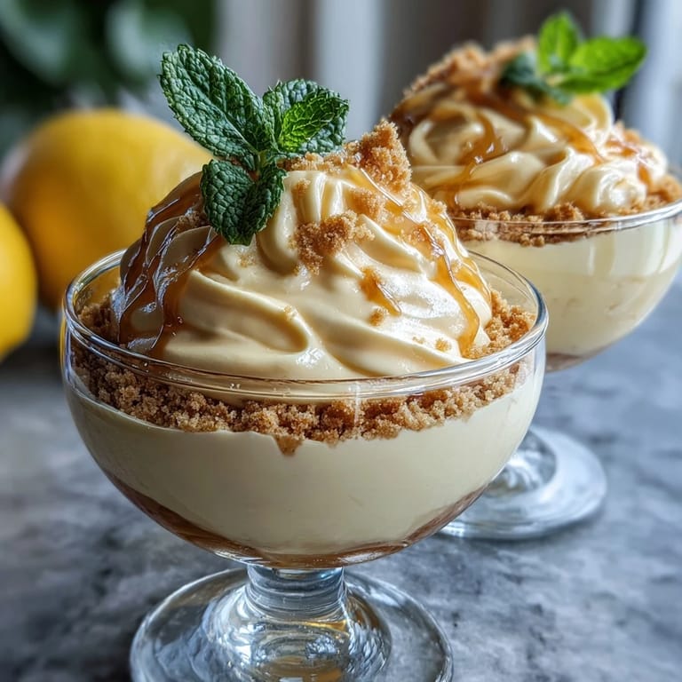 Elegant lemon mousse cups with golden shortbread crumble, topped with lemon zest and fresh mint leaves.