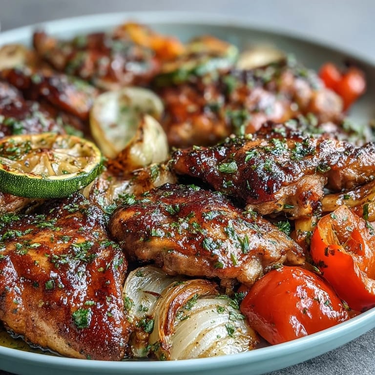 Juicy chicken breasts roasted alongside vibrant bell peppers, zucchini, and tomatoes in a bright lemon-herb sauce, baked to perfection.  