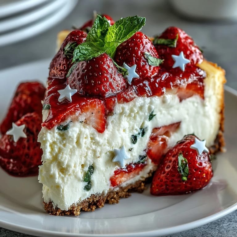 Creamy vanilla cheesecake filling topped with bright red strawberries and blueberries in patriotic stripes, ideal for summer holiday gatherings.