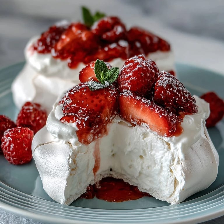 Mothers Day Pavlova with Mixed Berries: golden-brown meringue base layered with vanilla whipped cream and an assortment of juicy strawberries, raspberries, and blueberries.