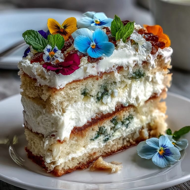 Aromatic lemon sponge cake with creamy lemon curd filling, adorned with pressed edible flowers for a stunning spring dessert centerpiece.