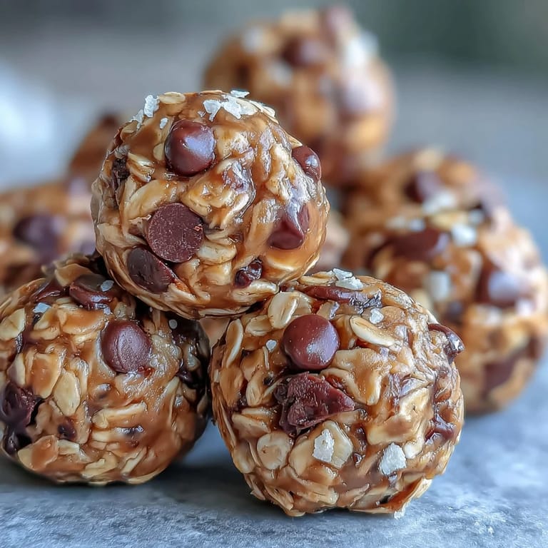 Easy no-bake peanut butter oat bites with mini chocolate chips, rolled into chewy, satisfying morsels.