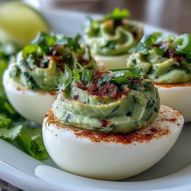 Classic deviled eggs transformed with rich guacamole, featuring lime, jalapeño, and tomato for a bold, Mexican-inspired twist.