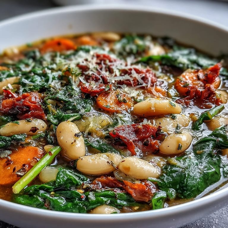 Hearty Tuscan white bean and spinach soup with cannellini beans, vegetables, and spinach, finished with a drizzle of olive oil.