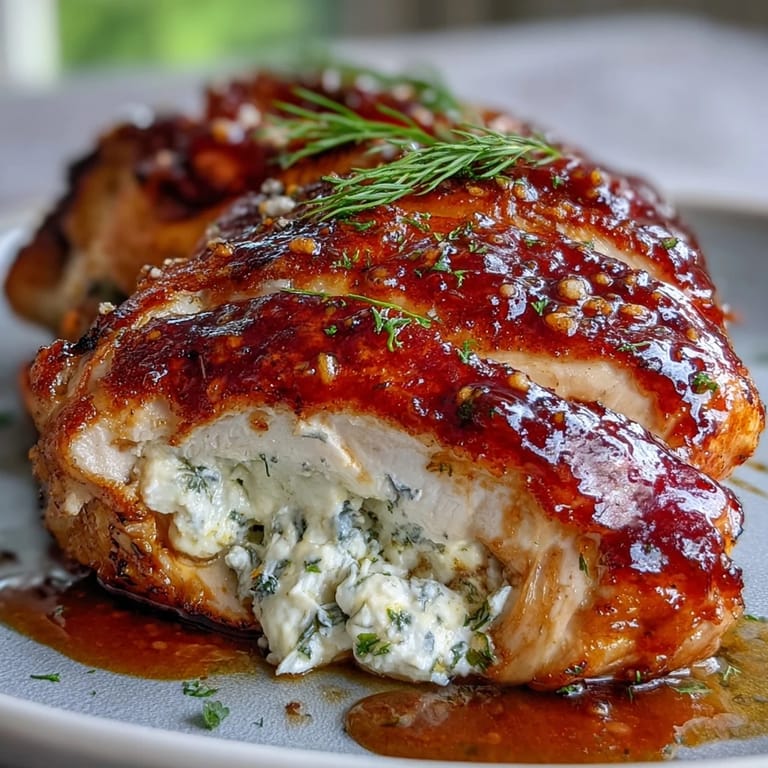 Golden-brown Hot Honey Ricotta Stuffed Chicken being sliced to reveal creamy ricotta filling and steam rising.