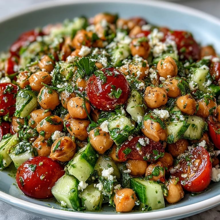Refreshing Mediterranean chickpea salad with parsley, mint, and lemon-herb vinaigrette for summer picnics.  