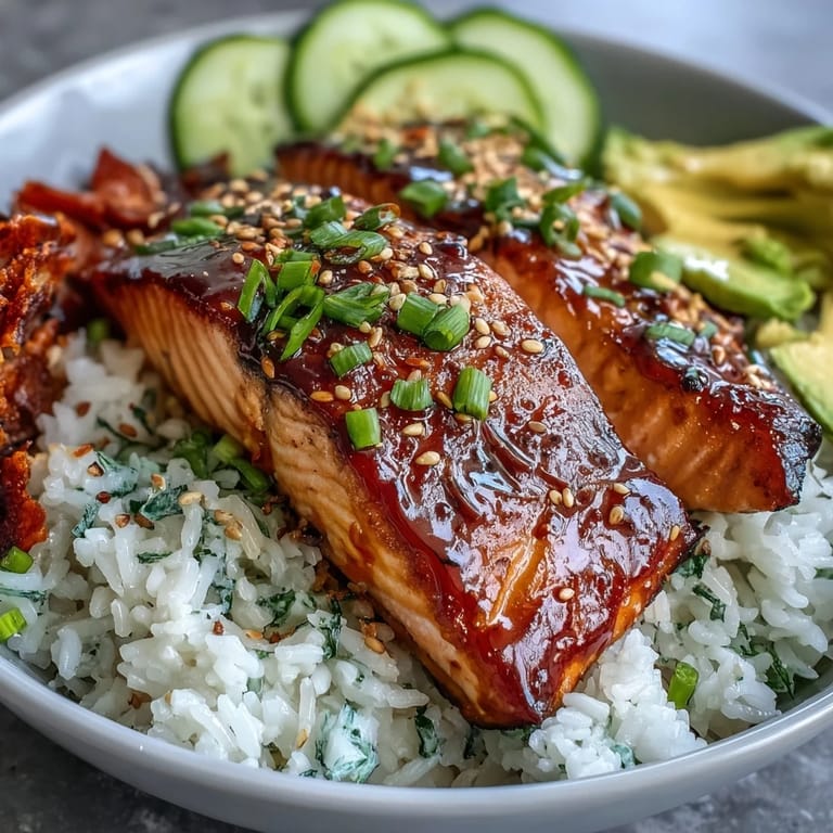 Flavorful teriyaki salmon bowl with savory glaze, colorful veggies, and sesame seeds served over steaming jasmine rice.